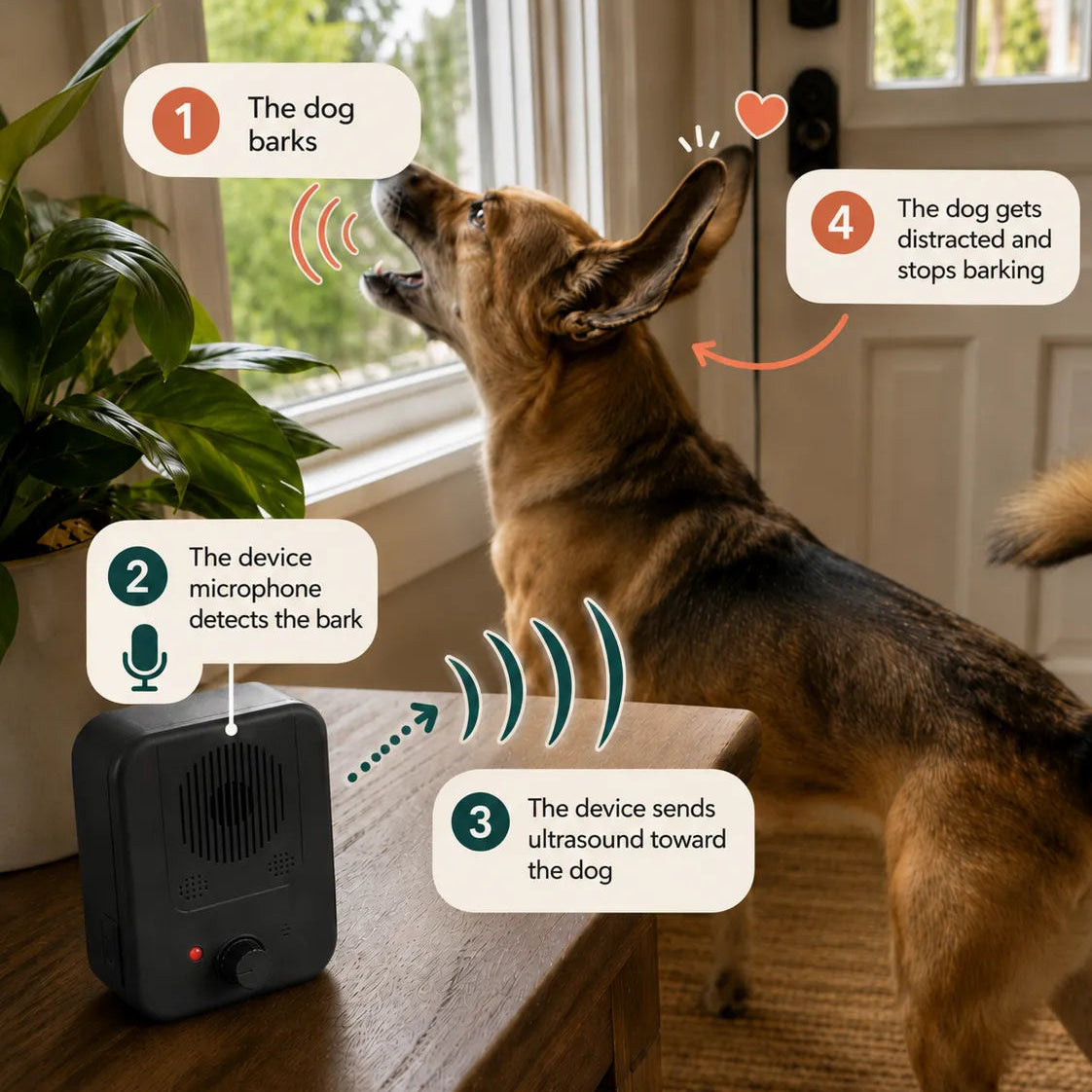 A dog bark detector device sits on a wooden table next to a window, with a German Shepherd standing nearby. Callout labels explain the process: the dog barks, the device detects it, it sends ultrasound, and the dog is distracted.