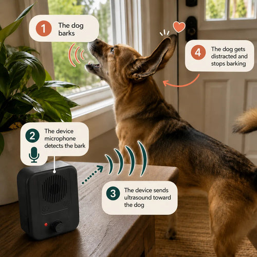 A dog bark detector device sits on a wooden table next to a window, with a German Shepherd standing nearby. Callout labels explain the process: the dog barks, the device detects it, it sends ultrasound, and the dog is distracted.