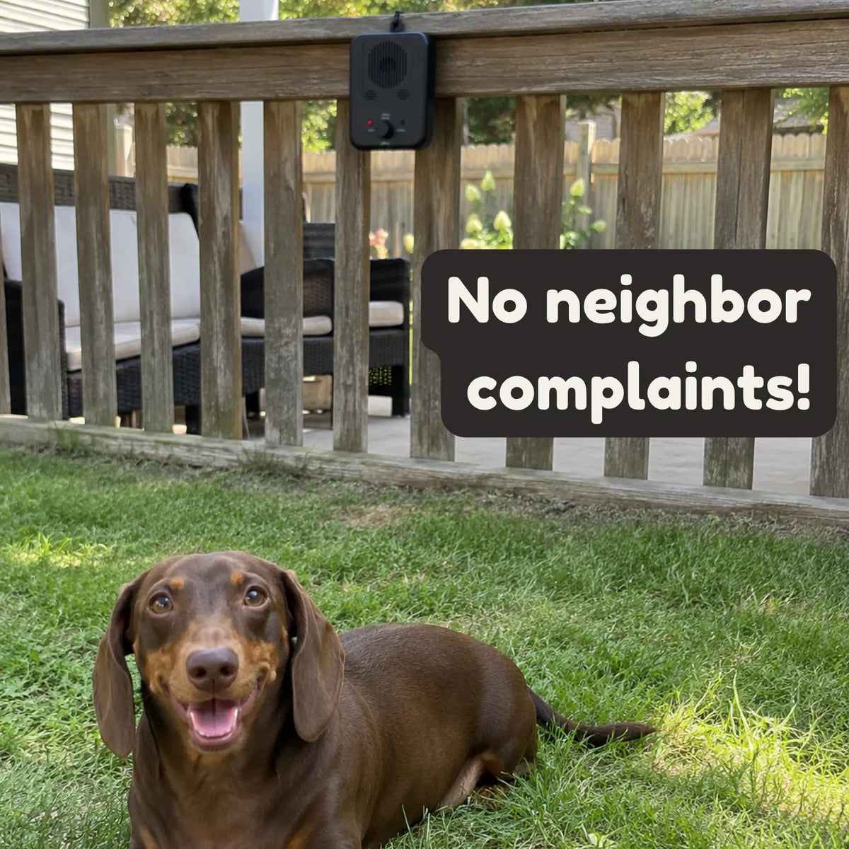A brown dachshund lies on green grass in front of a wooden deck railing, with a black electronic device mounted above the railing. A dark text bubble reads, 'No neighbor complaints!'.