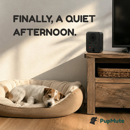 A sleeping dog rests in a beige pet bed on a wooden floor, with PupMute bark controller placed on a wooden TV stand beside a television. Large text on the wall reads 'FINALLY, A QUIET AFTERNOON.