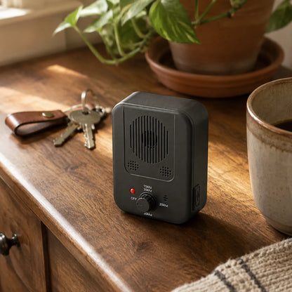 PupMute with a front speaker grille and rotary switch, placed on a wooden table next to keys, a potted plant, and a ceramic mug.