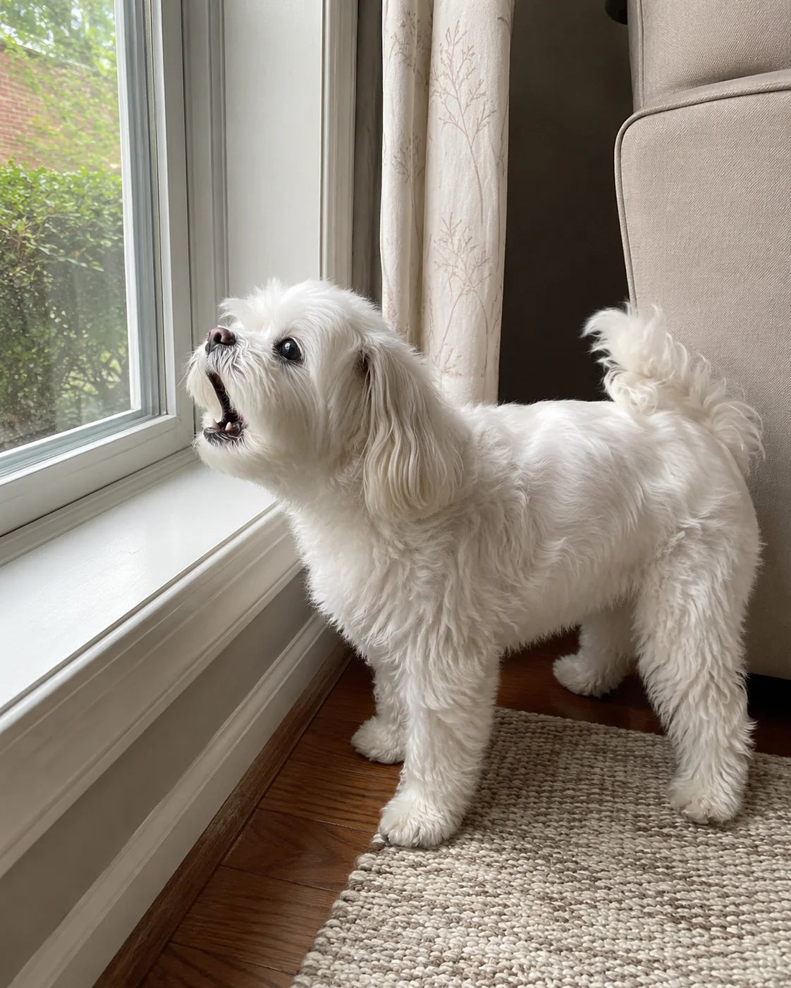 A small fluffy white dog standing indoors by a window, looking upward with its mouth open. The scene includes a beige upholstered chair, curtains, wood floor, and a textured rug.